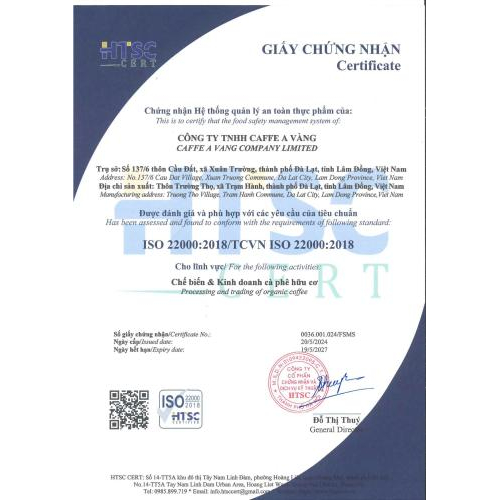 Giấy chứng nhận an toàn thực phẩm cafe A Vàng